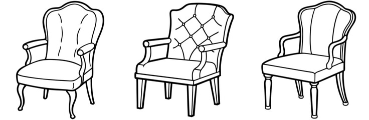 Vintage Furniture Chair Vector Set: Armchair, Dining, Classic, Interior Design, Outline Icon