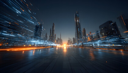 Futuristic cityscape with a glowing blue digital data network overlay.