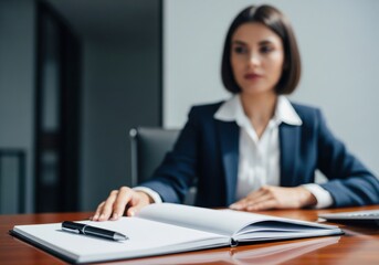 Businesswoman at Office Meeting Desk. Focused executive prepares for a crucial discussion. Her hand rests near an open notebook and pen, symbolizing readiness for important corporate decisions.