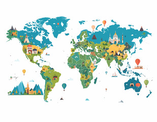 Naklejka premium Detailed World Map Featuring Landmarks and Buildings in Varied Colors Representing Different Continents on a White Background with Vector Style Illustration