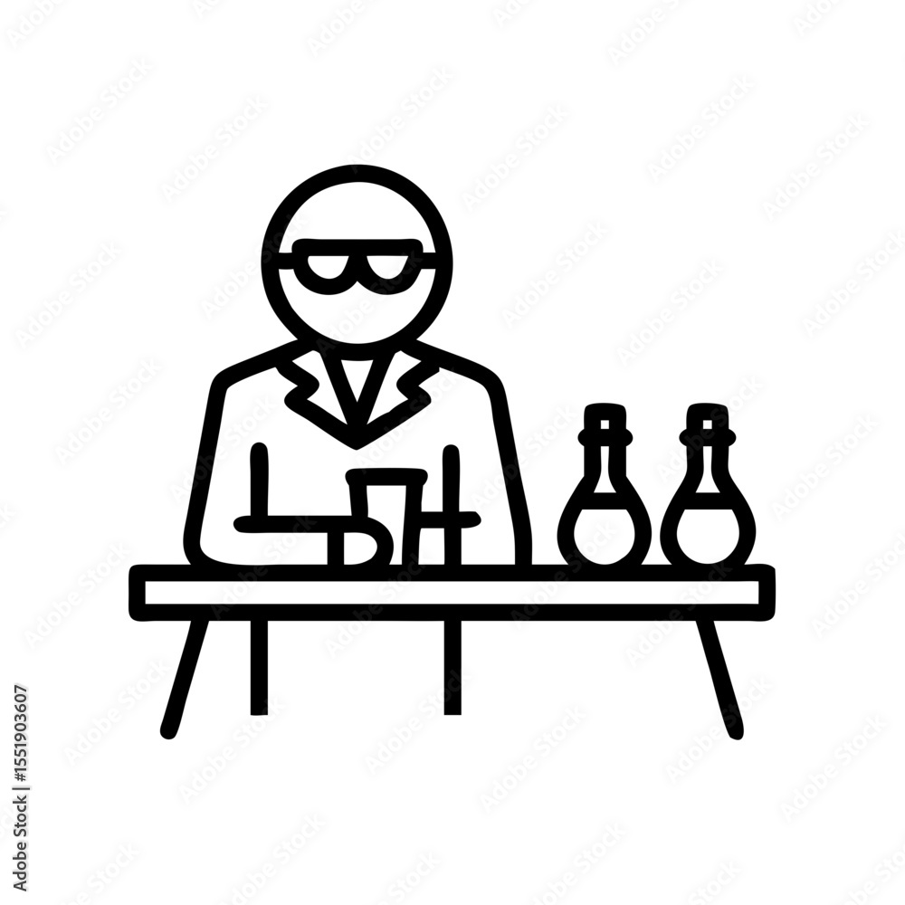 Poster scientist in lab coat with glassware on table isolated on white background