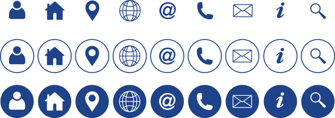 Web Icon Set. Phone, Email, Location, Home, User icon Set. Web Kontakt Symbol. Minimal Blue Contact Icons Set &ndash; User, Home, Location, Email, Phone, Info, Web, Search &ndash; Line, Outline & Solid Styles
