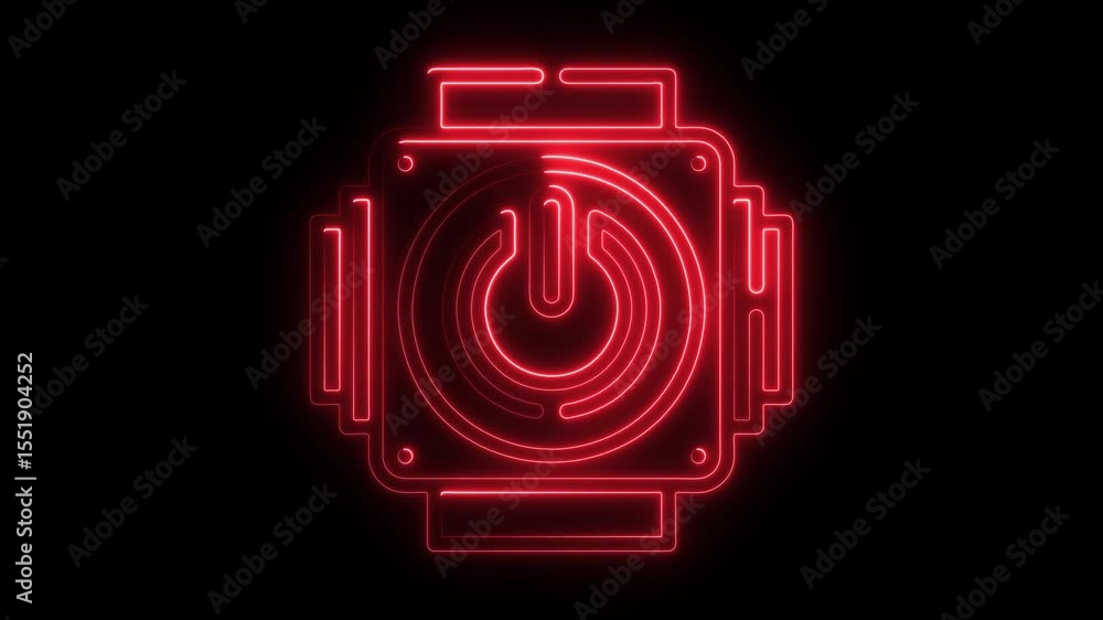 Poster glowing red neon power button animation on black background abstract futuristic technology concept