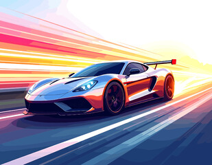 Naklejka premium Dynamic Silver Car Speeding on Road with Motion Blur and Pixelated Style Depicting Speed Power and Advanced Automotive Technology