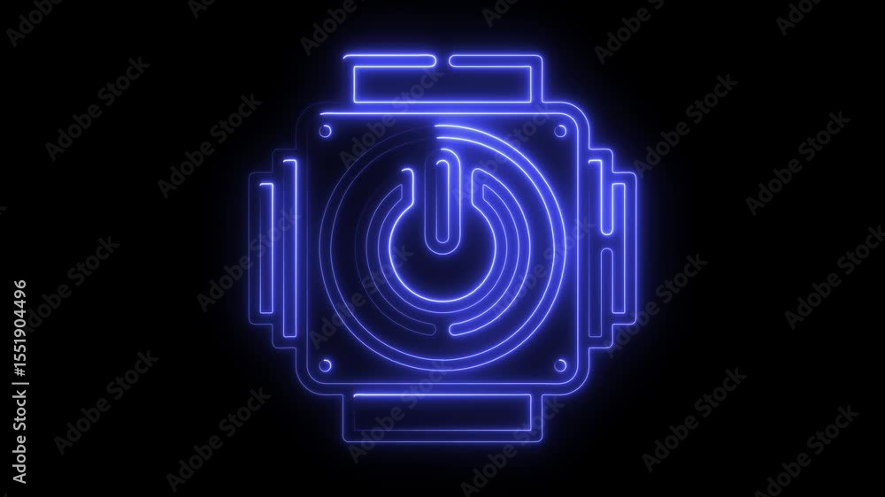 Poster animated blue neon power button icon on black background for futuristic tech concepts