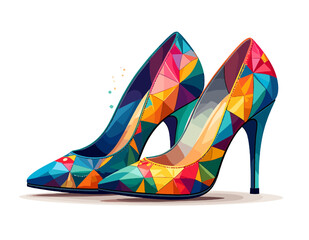 Elegant Pair of Colorful Geometric High Heel Shoes on White Background