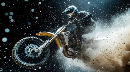 A motorcyclist in full gear performs a dramatic dirt bike jump, kicking up dust and debris under dynamic lighting.