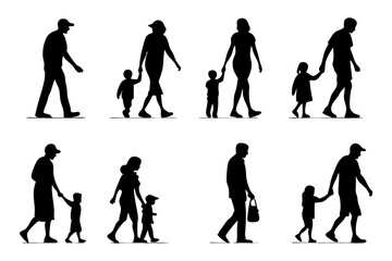 Obraz premium Silhouette Walk: A collection of artistic silhouettes portraying families and individuals strolling along. The silhouettes highlight everyday moments of connection, exploration, and togetherness. 