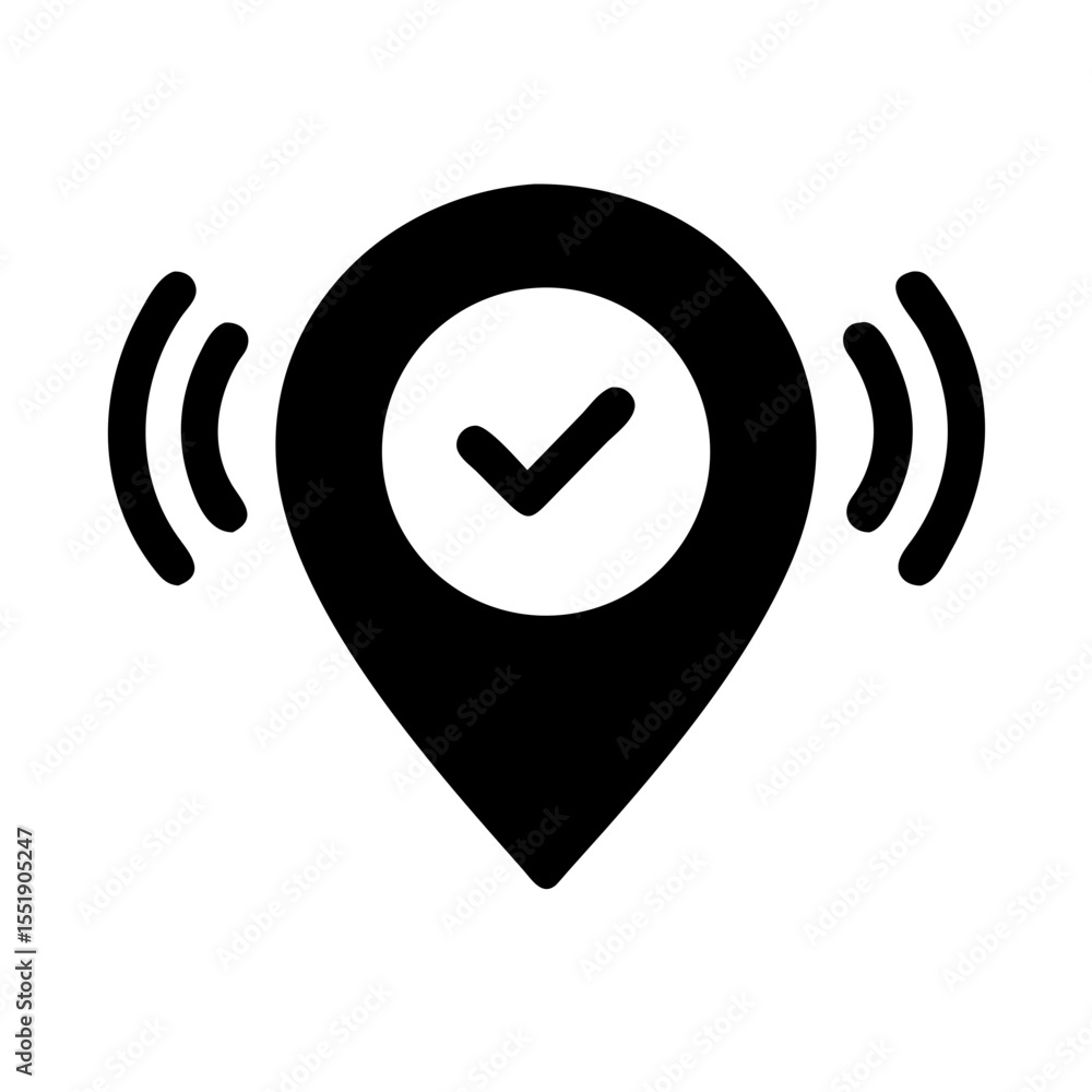 Poster location pin with check mark and signal waves isolated on white background