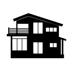 Silhouette of a two story house with a balcony isolated on white background