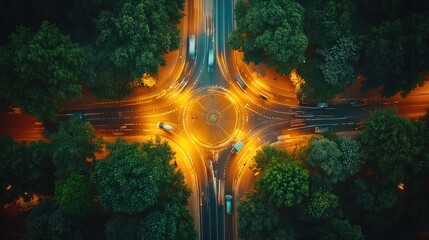 Aerial view of a roundabout at twilight, encircled by trees