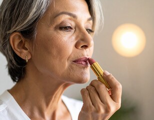 Obraz premium Senior Woman Applying Makeup at Home – Graceful Aging & Beauty Ritual