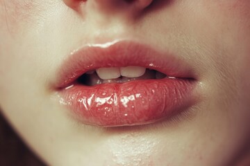 Obraz premium Close-Up of Glossy Lips with Subtle Shine and Natural Texture
