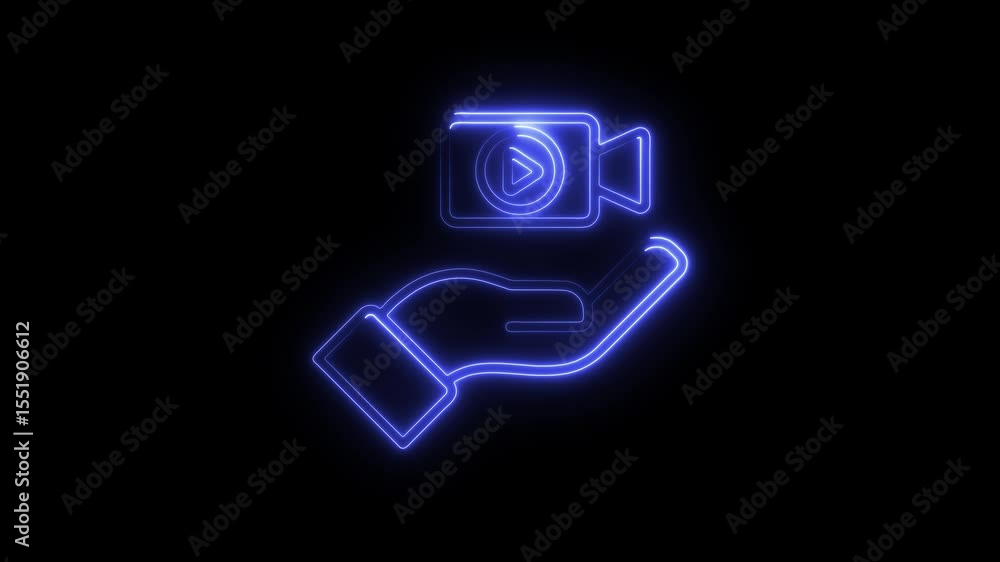 Poster digital video content in hand illuminated neon icon on black background abstract animation
