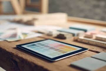 Fototapeta premium flat-lay of architects material palette color swatches digital tablet with building rendering and scale ruler on wood