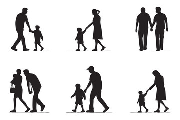 Family Silhouettes Walking: A collection of six minimalist silhouettes depicting various family units—parents with children, couples—enjoying a stroll, symbolizing togetherness and family bonding. 
