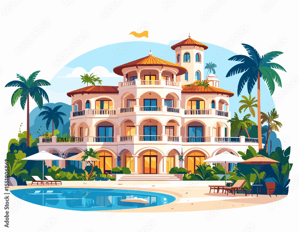 Fototapete Luxurious Beachfront Villa with Swimming Pool and Palm Trees Under Bright Sky in a Tropical Setting and Pixel Art Style