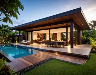 Fototapeta premium Modern tropical home with pool at twilight. Open-plan living area seamlessly transitions to outdoor deck. Wooden decking, dark-toned accents, lush greenery, and a sparkling pool define the scene