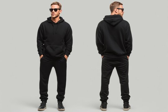 A young man wearing a black hoodie and sweatpants sports suit mockup, posing in a front and back view. He has sunglasses on and stands confidently against a neutral gray background.
