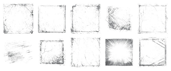 Distressed sketch border textures with grunge vintage style. Hand-drawn edges and cracked frames for design overlays. High resolution illustration.
