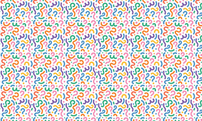 Colorful Abstract Vector Pattern with Question Marks and Squiggly Elements – Seamless Background for Creative Projects