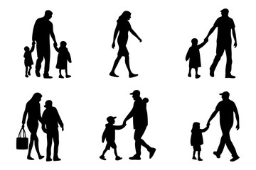 Family Stroll: A collection of silhouettes depicts various family members walking hand-in-hand, creating a heartwarming scene of togetherness and family bonds.