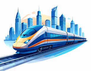 Modern High Speed Passenger Train Against a Skyscraper Cityscape on White Background for Commercial Transportation and Tourism