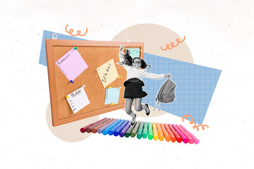 Trend artwork creative sketch 3D collage of young girl jump hold backpack marker drawing pupil...