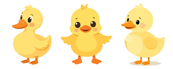Set of Three Cute Cartoon Yellow Ducklings Baby Ducks Animal Characters Vector Illustration