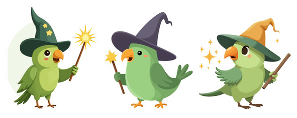 Cute Cartoon Vector Illustration Set of Wizard Parrots Bird Characters with Magic Wands and Hats Funny Animals
