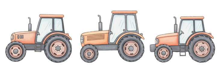 Charming hand-drawn tractors in rustic style—perfect for farm-themed designs, kids’ projects, or countryside illustrations. Vintage charm meets playful creativity in this delightful trio.