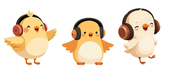 Cute Cartoon Baby Birds Wearing Headphones Vector Illustration Happy Chicks Listening Music Joyful Playful Character Set Graphic Element 