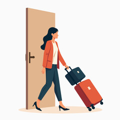 Woman walking outside with suitcase while leaving her home  