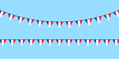 Obraz premium Festive red, white, and blue triangular pennant flags hanging on strings against a light blue background — perfect for celebrations or patriotic themes.