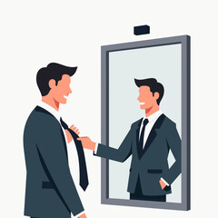 Man adjusting his tie while looking in the mirror in a modern suit  