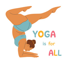 Vector illustration of a plus size girl doing yoga. Body positive concept. Body And Its Capabilities. Cartoon People Vector Illustration