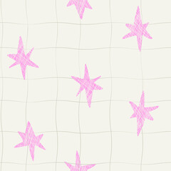 Abstract geometric shape seamless pattern with colorful star doodles. Modern graphic childish elements, simple print for wrapping paper, wallpaper, fabric. Vector texture