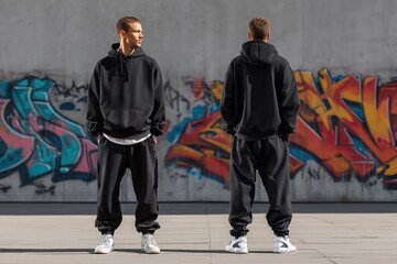 A young man wearing a black hoodie and sweatpants sports suit mockup stands in front of a colorful graffiti wall. He is posed from two angles, showcasing a casual streetwear style.