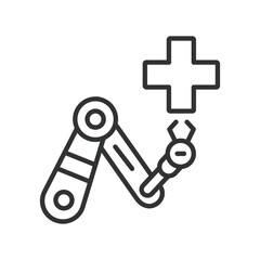 Robotic surgery, icon in line design. Medical robot, surgery automation, robotic arms, minimally invasive on white background vector. Robotic surgery, editable stroke icon
