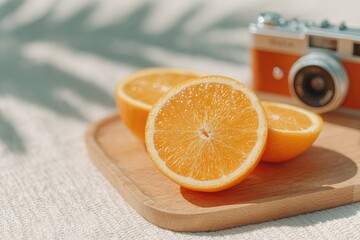 flat-lay of camera remote cooking timetable schedule and sliced citrus on wooden platter daylight streaming in textured