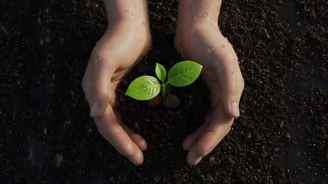 Hands Protecting Young Plant Seedling Under Gentle Rain - Powered by Adobe