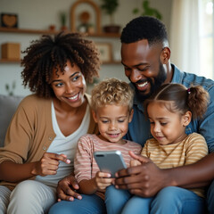 Obraz premium Parents teach children how to call emergency services using a smartphone. Kids and the smartphone. Skills for using the phone.
