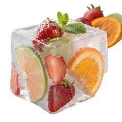 A refreshing ice cube showcases vibrant slices of orange, juicy strawberries, and a hint of lime, all suspended in crystal clear frozen water on a white background