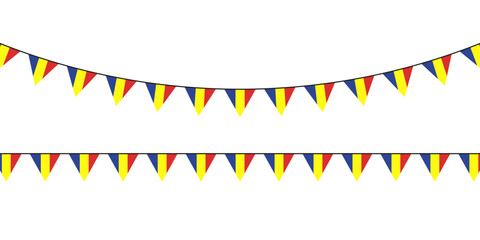 Colorful triangular bunting in red, yellow, and blue, inspired by the Romanian flag, hanging festively in two rows on a white background.