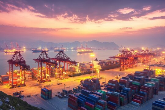 Sunset Over Cargo Port with Cranes and Shipping Containers at Night