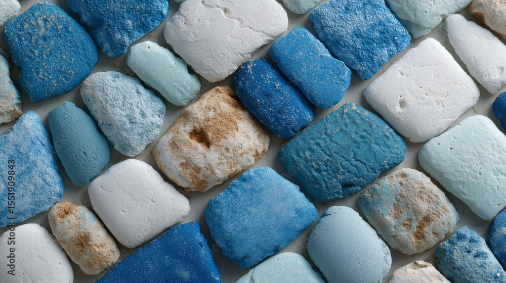 Poster a close up of blue and white candies arranged in a pattern filling the entire frame of the image