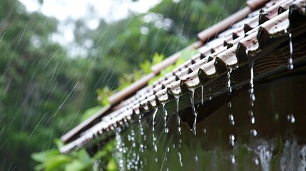 Moody Rainy Day Scene with Water Droplets Dripping from Rooftop Edge, Close-Up of Raindrops on Surface Texture during Overcast Weather, Abstract Water Movement and Ripples