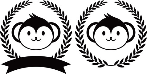 サルと月桂冠のエンブレム　モノトーン