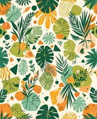 Tropical Jungle Pattern with Playful Hand-Drawn Leaves and Fruits