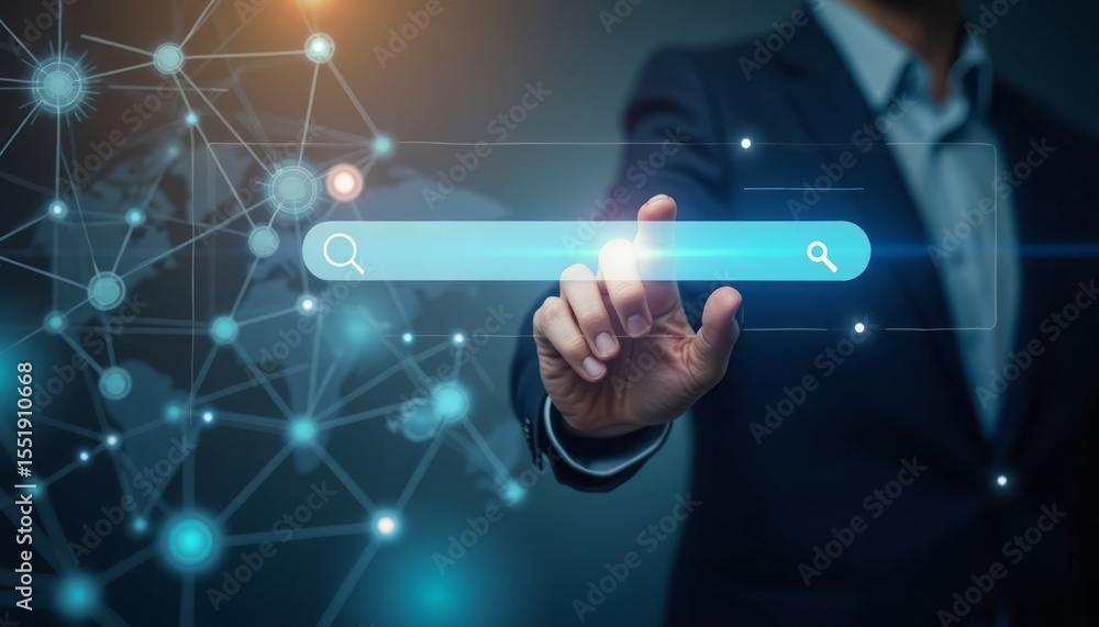 Poster businessman touching a glowing search bar interface with connection network background